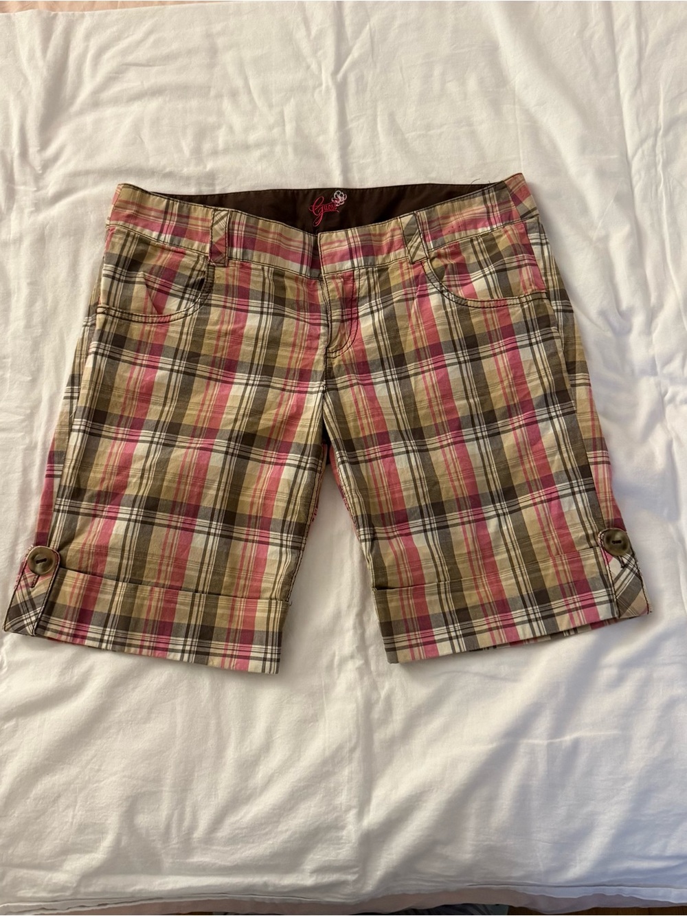 Vintage Guess Pink Plaid Bermuda Shorts Y2K Preppy Size 31